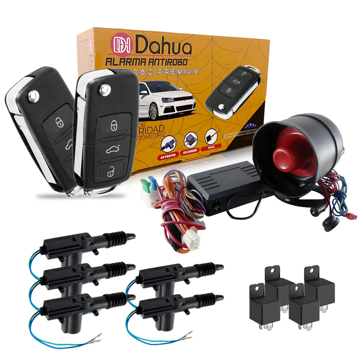 ALARMA  PLASTICO , REFORZADO DOS LLAVES 12V , 5 RELAY Y 5 SEGUROS ELECTRICOS